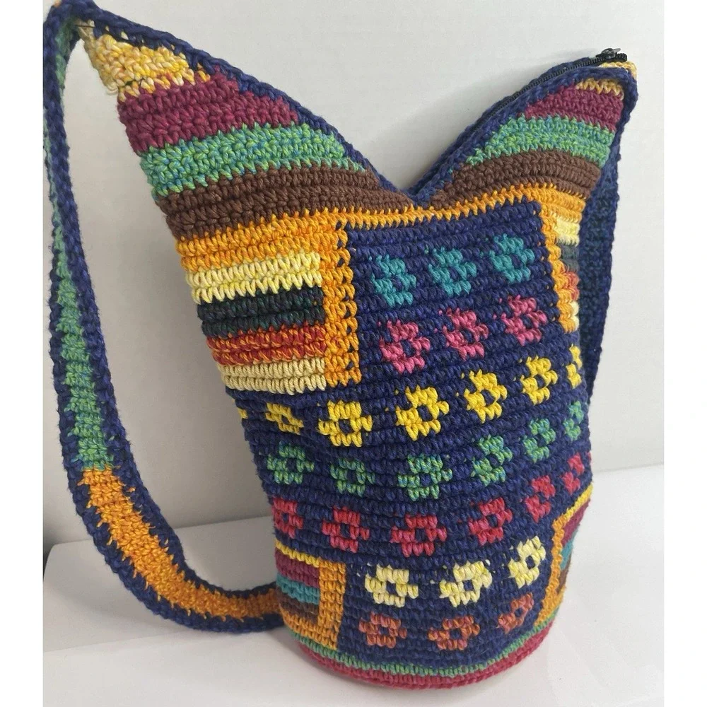 Guatamalan Woven Hobo Bag Crossbody Purse With Zipper Blue Orange Yellow Floral
